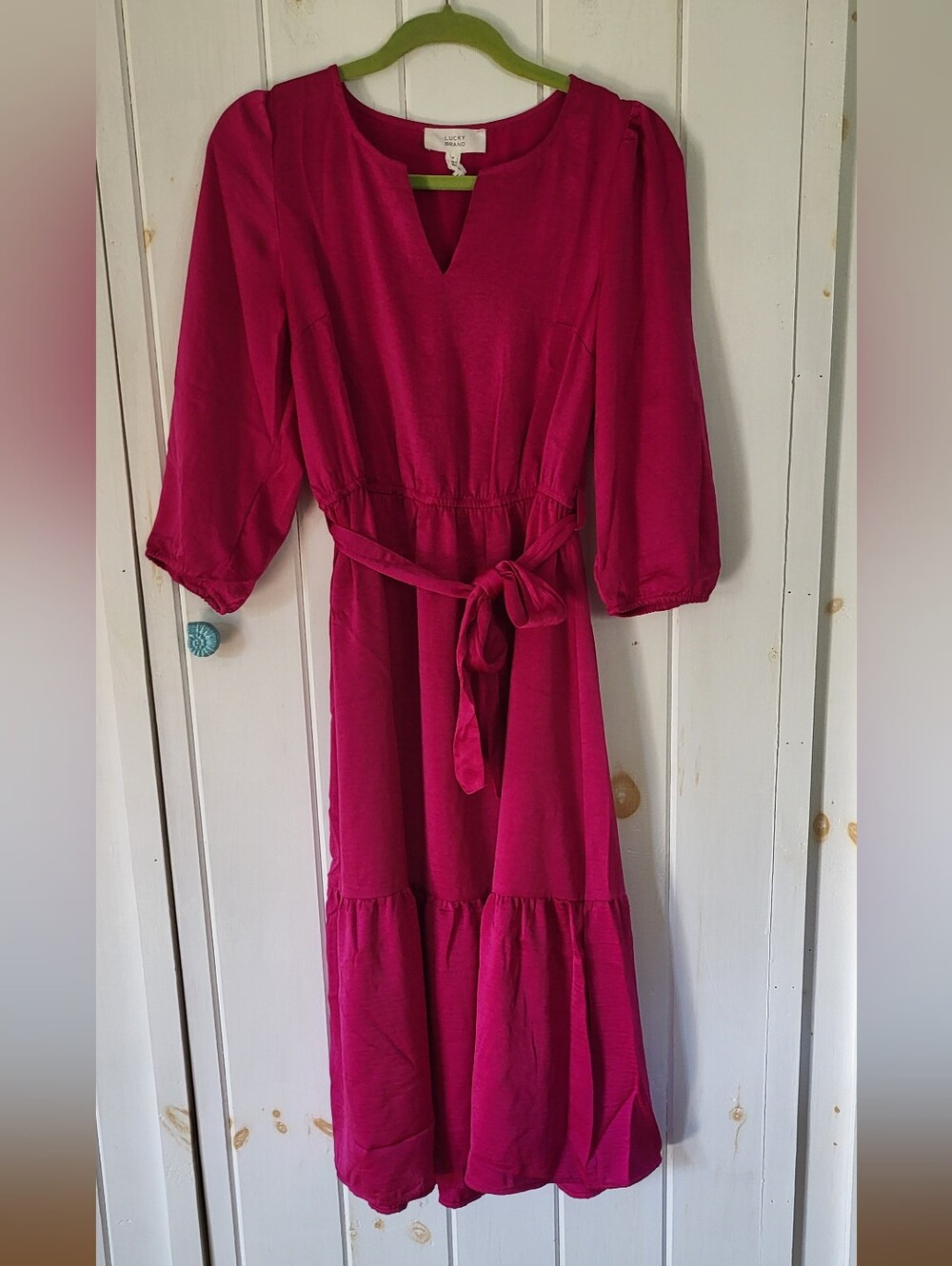 Lucky Brand Balloon 3/4 Sleeve Tie Waist Fuchsia Tiered Midi Dress
